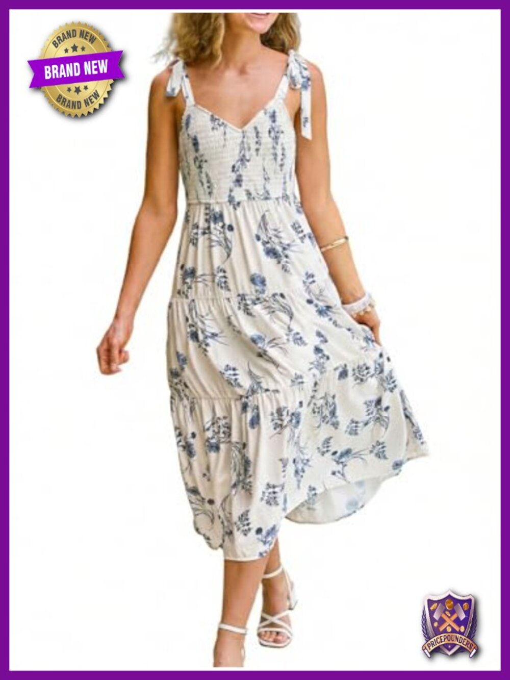 Boho Floral Midi Dress Tie Shoulder Sleeveless Smocked Sundress